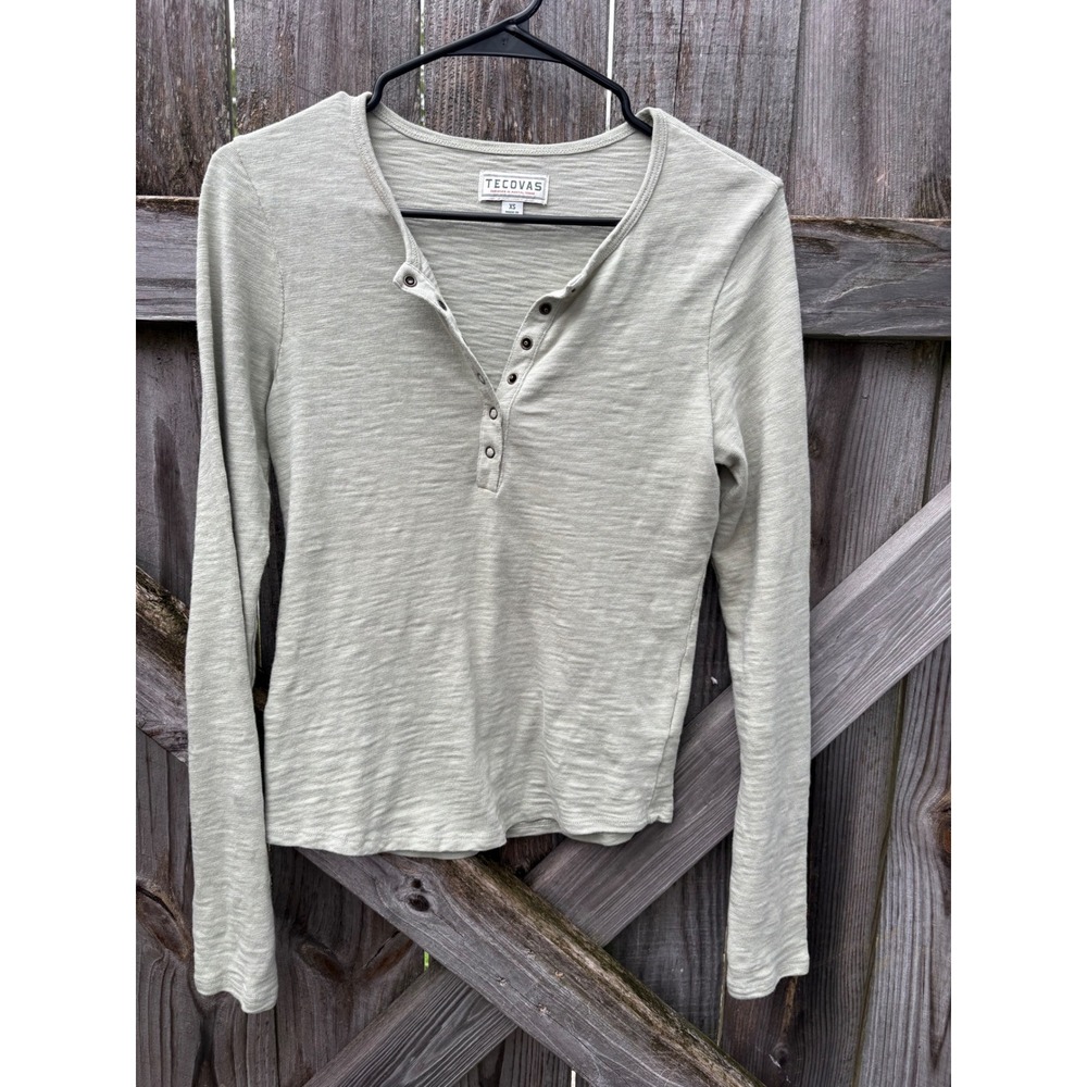 Tecovas‎ Womens Sage Green Slub Knit Long Sleeve Henley Top XS TECWFW22K41